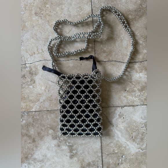 Ladies, black and silver beaded iPhone holder long purse handle top fasten. - Picture 8 of 13